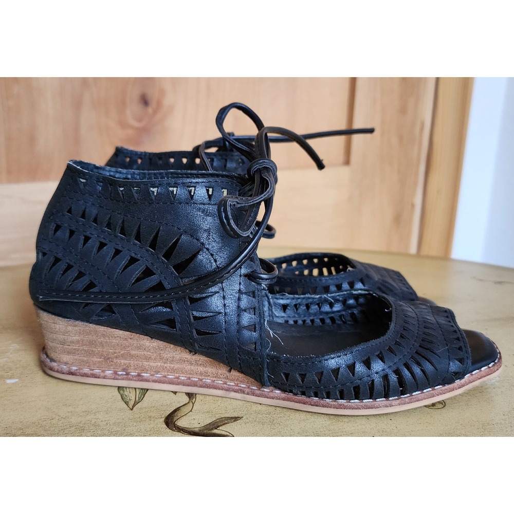 Jeffrey Campbell Rodillo US 6 Black Leather Boho Wedge Sandals Bohemian Festival